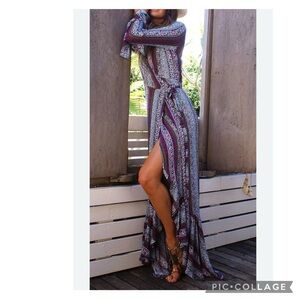 BOHO FLORAL RUFFLE WRAP LONG SLEEVE MAXI LENGTH DRESS